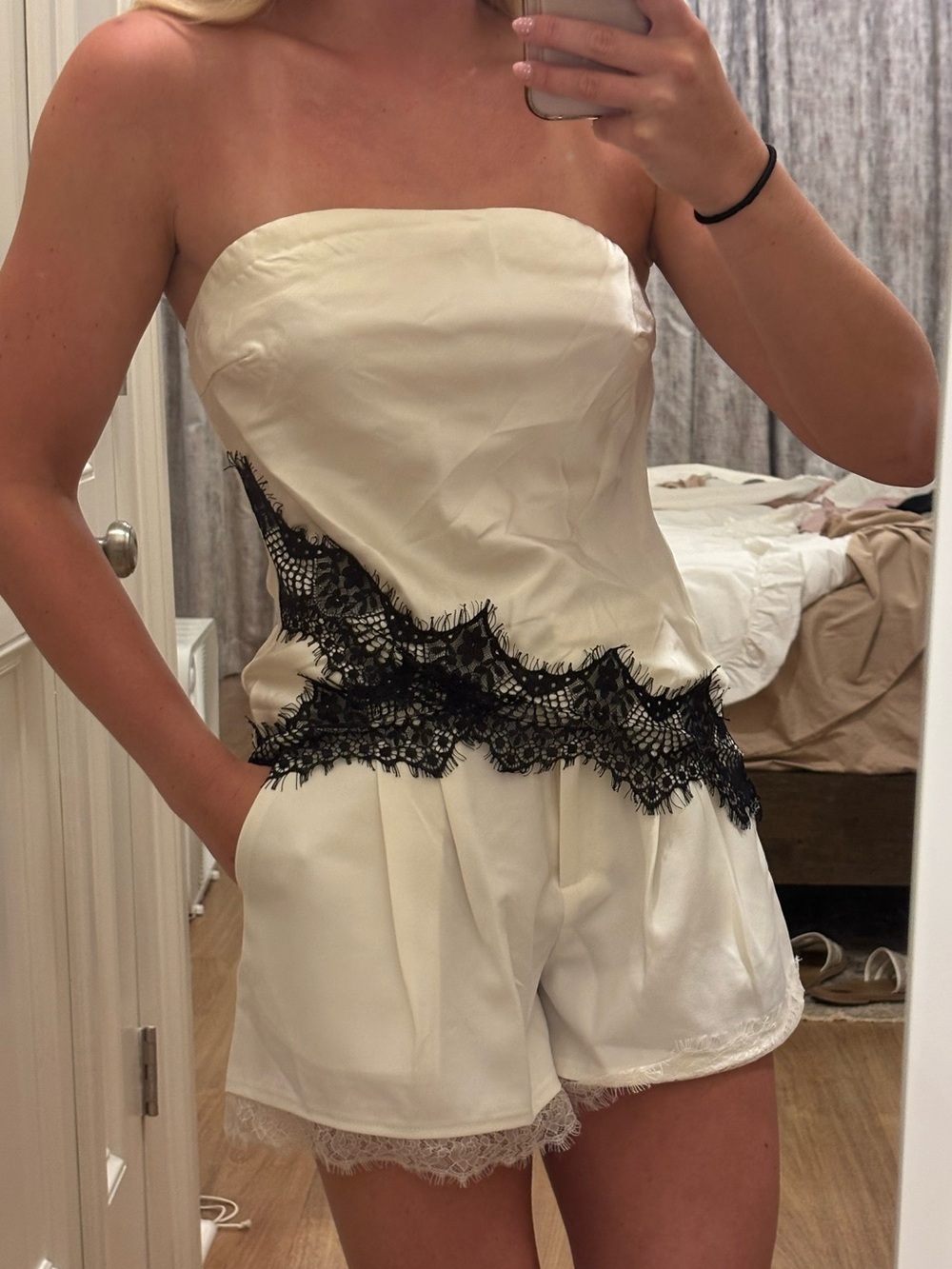 BRAND IS MISGUIDED Ivory Strapless Lace-Trim Pajama Romper